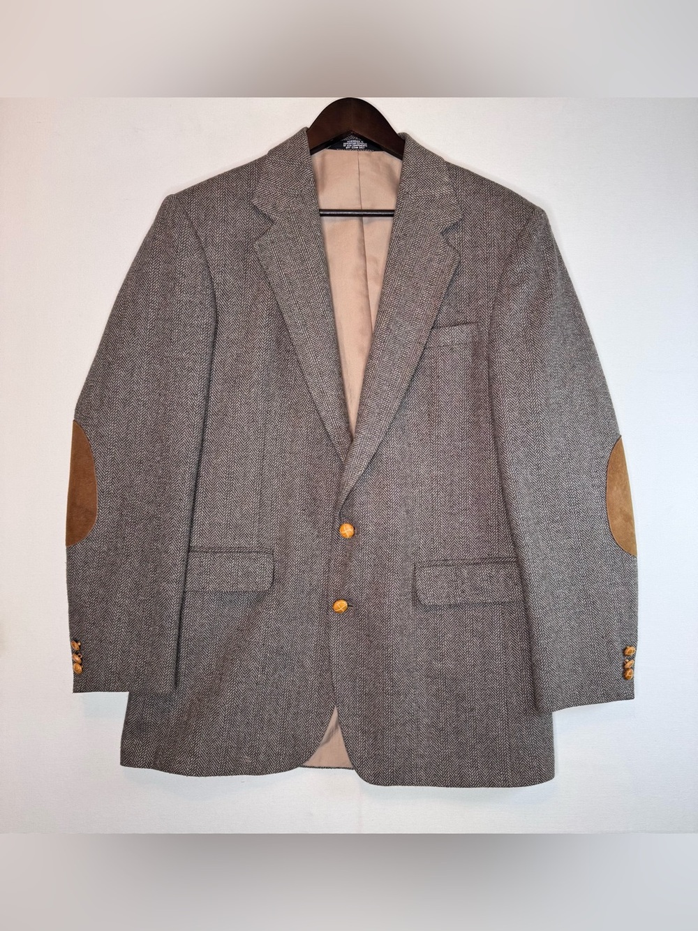 Reed St James Herringbone Elbow Patch Blazer brown men’s Sz 40L Vintage Academia